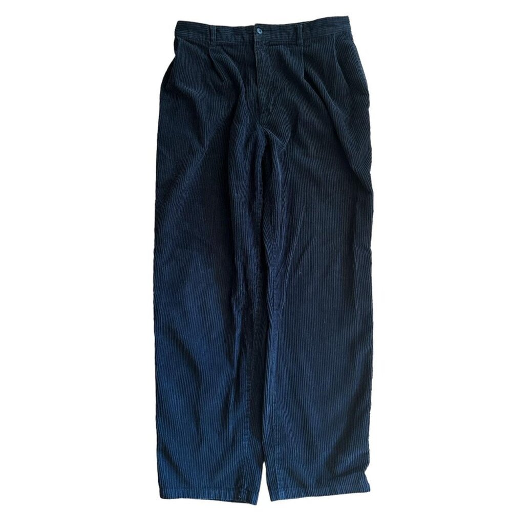 Vtg Preppy Casual Men’s Pleated Black Corduroy Trousers Size 35x32